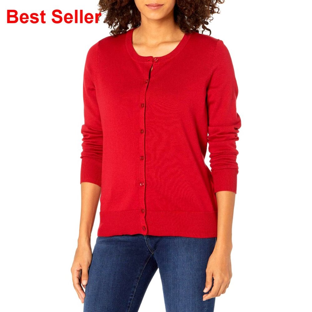 Lightweight Crewneck Cardigan Sweater, Plus Size, Cotton Blend, Button Front